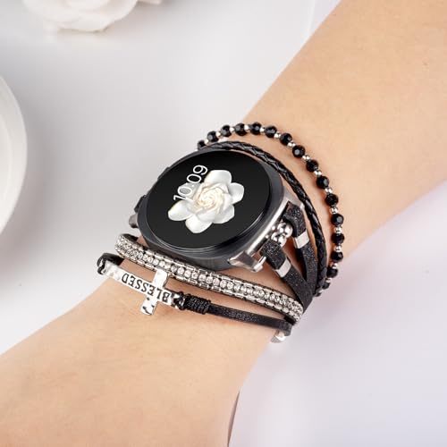 Fancywrist Boho Leather Bracelet for Samsung Galaxy Watch 8/7/6/5/4 Band 40 44mm Women, 20mm Cute Beaded Multilayer Strap for Galaxy Watch 8 Classic 6 4 Classic 43mm 47mm 42mm 46mm/Watch 5 Pro 45mm /Active2 - Image 2