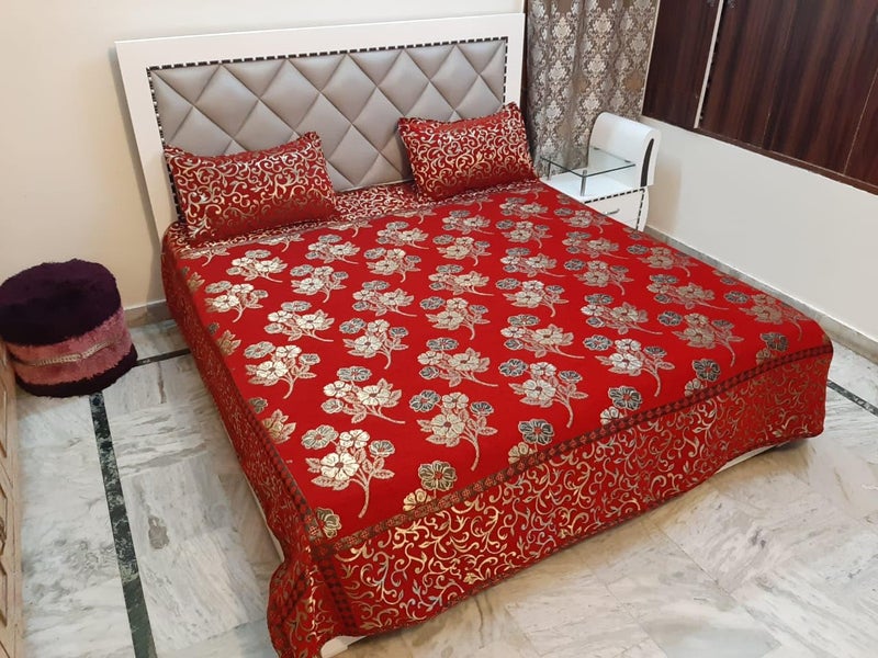 DEESAK 500 TC Abstract Chenille Velvet Double Bed King Size Bedsheet with 2 Pillow Covers Size- 90x100 inch||Multi-3 - Image 1