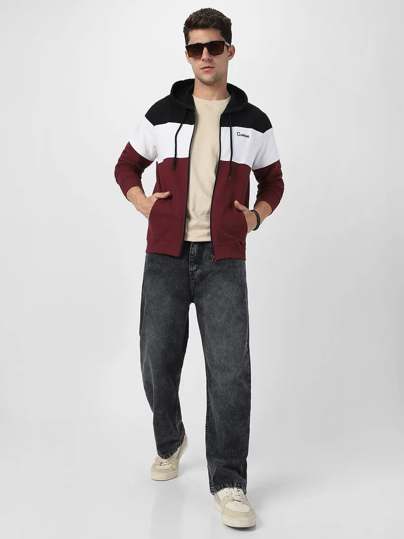 Urbano Fashion  Urbano Fashion Men's Black, White, Maroon Color Block Cotton Zippered Hooded Sweatshirt for Men | Best Price UAE