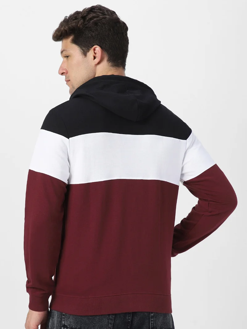 Urbano Fashion  Urbano Fashion Men's Black, White, Maroon Color Block Cotton Zippered Hooded Sweatshirt for Men | Best Price UAE