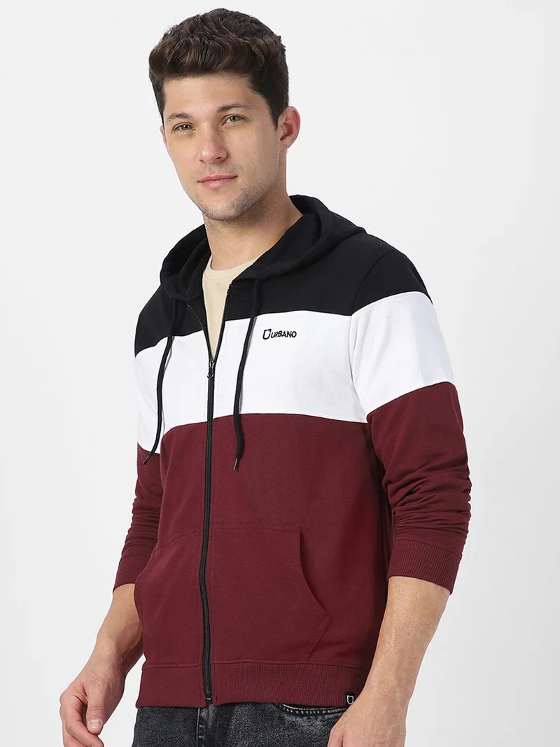 Urbano Fashion  Urbano Fashion Men's Black, White, Maroon Color Block Cotton Zippered Hooded Sweatshirt for Men | Best Price UAE