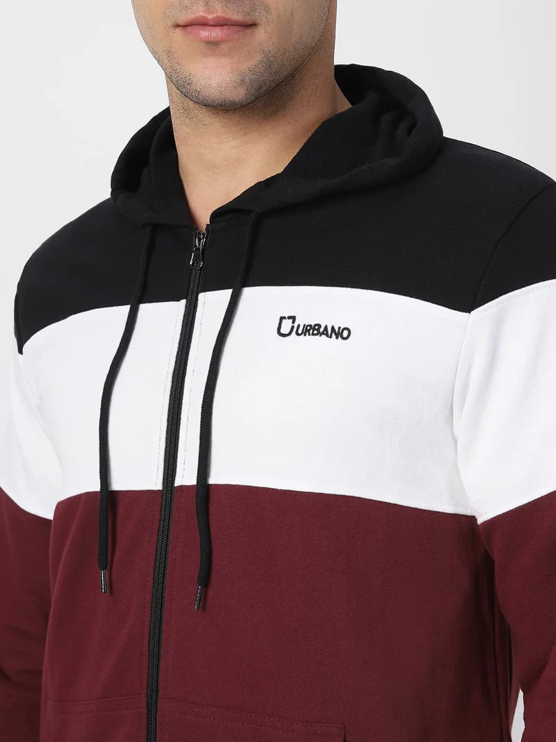 Urbano Fashion  Urbano Fashion Men's Black, White, Maroon Color Block Cotton Zippered Hooded Sweatshirt for Men | Best Price UAE