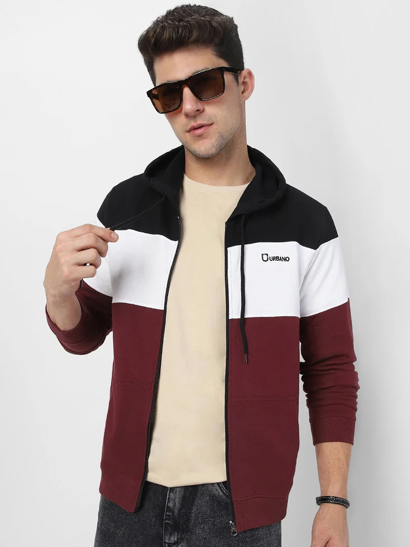 Urbano Fashion Men's Black, White, Maroon Color Block Cotton Zippered Hooded Sweatshirt