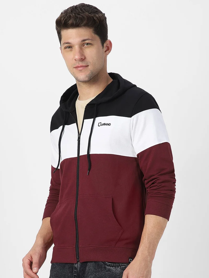 Urbano Fashion Men's Black, White, Maroon Color Block Cotton Zippered Hooded Sweatshirt
