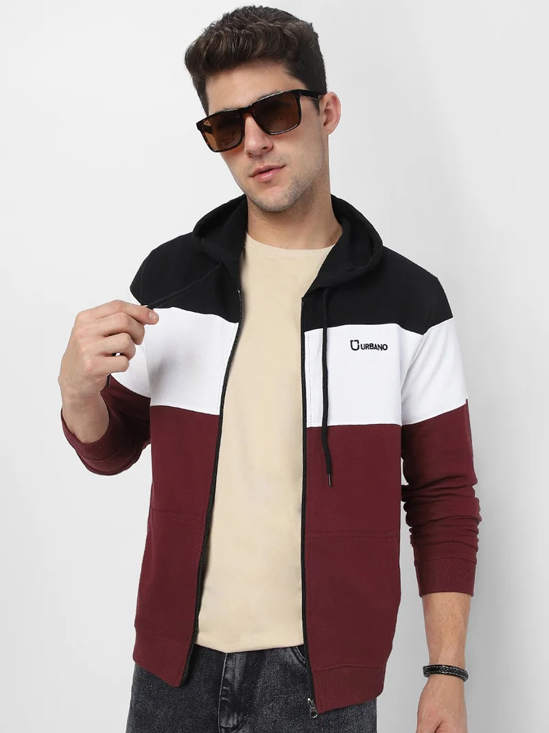 Urbano Fashion  Urbano Fashion Men's Black, White, Maroon Color Block Cotton Zippered Hooded Sweatshirt for Men | Best Price UAE