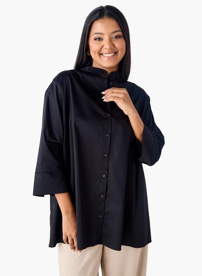 Ulla Popken Plus Size Ulla Popken Shirt with Mandarin Collar and 3/4 Sleeves