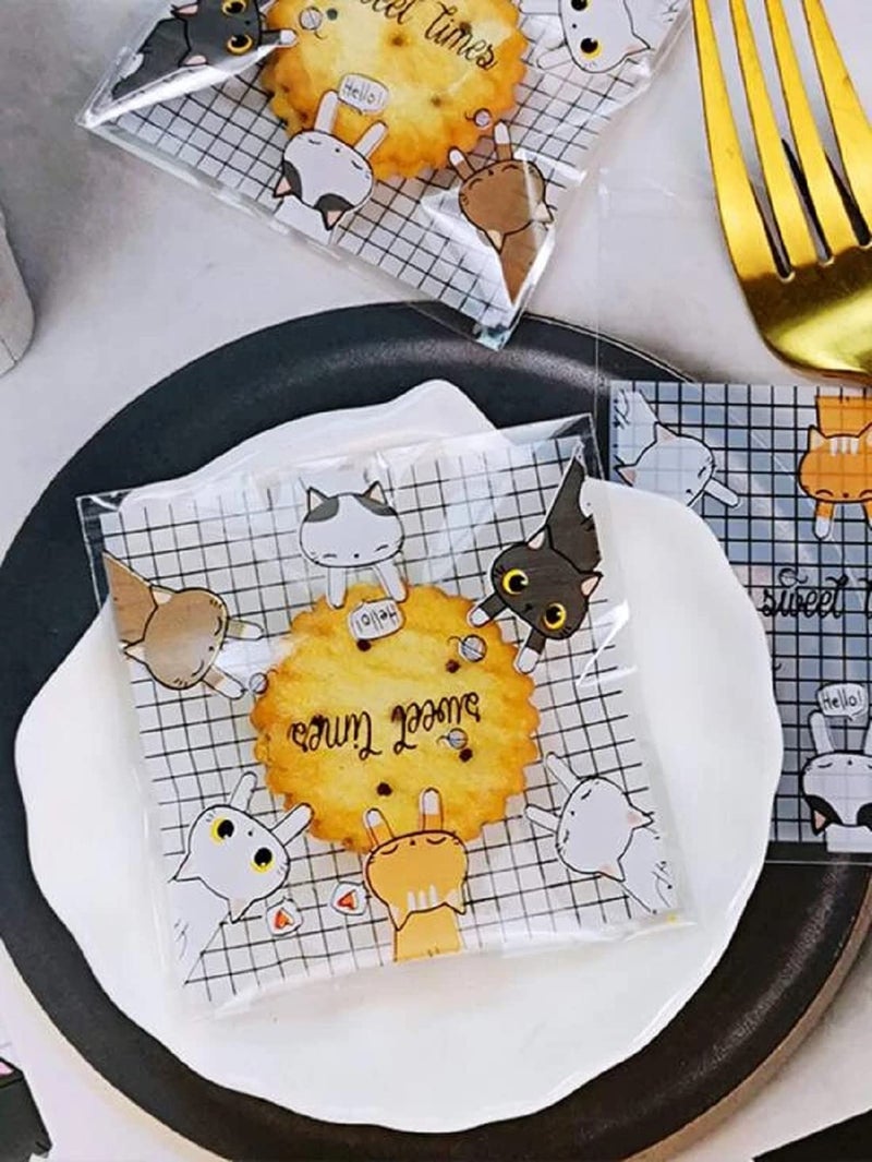 Kyrahh 4 x 4 Cat Grid Pattern Self Adhesive Cellophane Gift Bags for Sweets Dessert Biscuits Candy Cookie Bakery Candle Soap Jewelry Party Favors Chocolate Wrapping Packaging Poly Bags 50 - Image 2