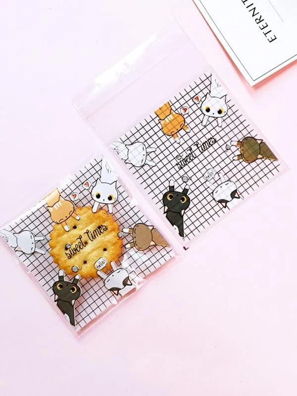 Kyrahh 4 x 4 Cat Grid Pattern Self Adhesive Cellophane Gift Bags for Sweets Dessert Biscuits Candy Cookie Bakery Candle Soap Jewelry Party Favors Chocolate Wrapping Packaging Poly Bags 50 - Image 4