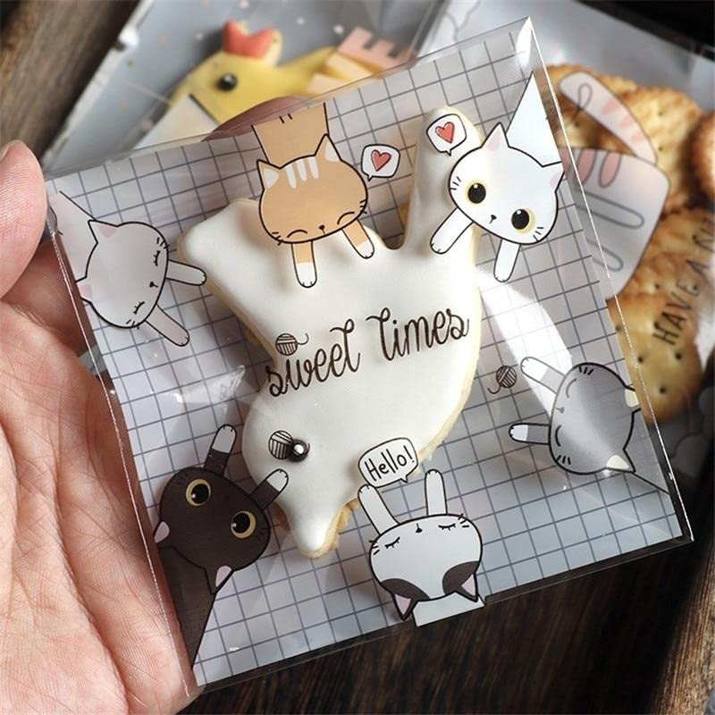 Kyrahh 4 x 4 Cat Grid Pattern Self Adhesive Cellophane Gift Bags for Sweets Dessert Biscuits Candy Cookie Bakery Candle Soap Jewelry Party Favors Chocolate Wrapping Packaging Poly Bags 50 - Image 5