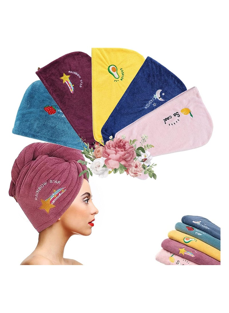 SYOSI 5 Pack Microfiber Hair Drying Towel Super Absorbent Instant Hair Dry Wrap with Button Anti Frizz Soft Bath Shower Cap Head Towel for Girls Women Ladies Kids Long Thick Hair Drying Quickly - Image 1