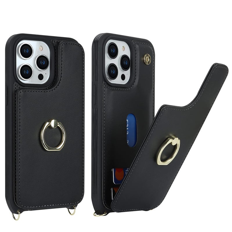 Lipvina for iPhone 12/12 Pro Case with Card Holder and Strap for Women,Crossbody Lanyard,Kickstand Ring Stand,Snap Clasp,Phone Wallet Cases 6.1 inch(Black) - Image 3