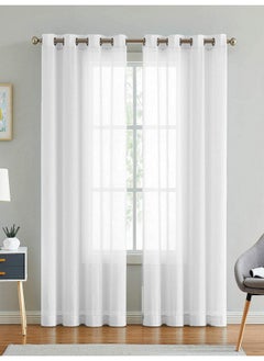 LINENWALAS Cotton Linen Solid Sheer Curtain Set With Grommet Curtains Rings Non Blackout Window Curtain - Set Of 2 -White - 4.5Ft X6.5Ft