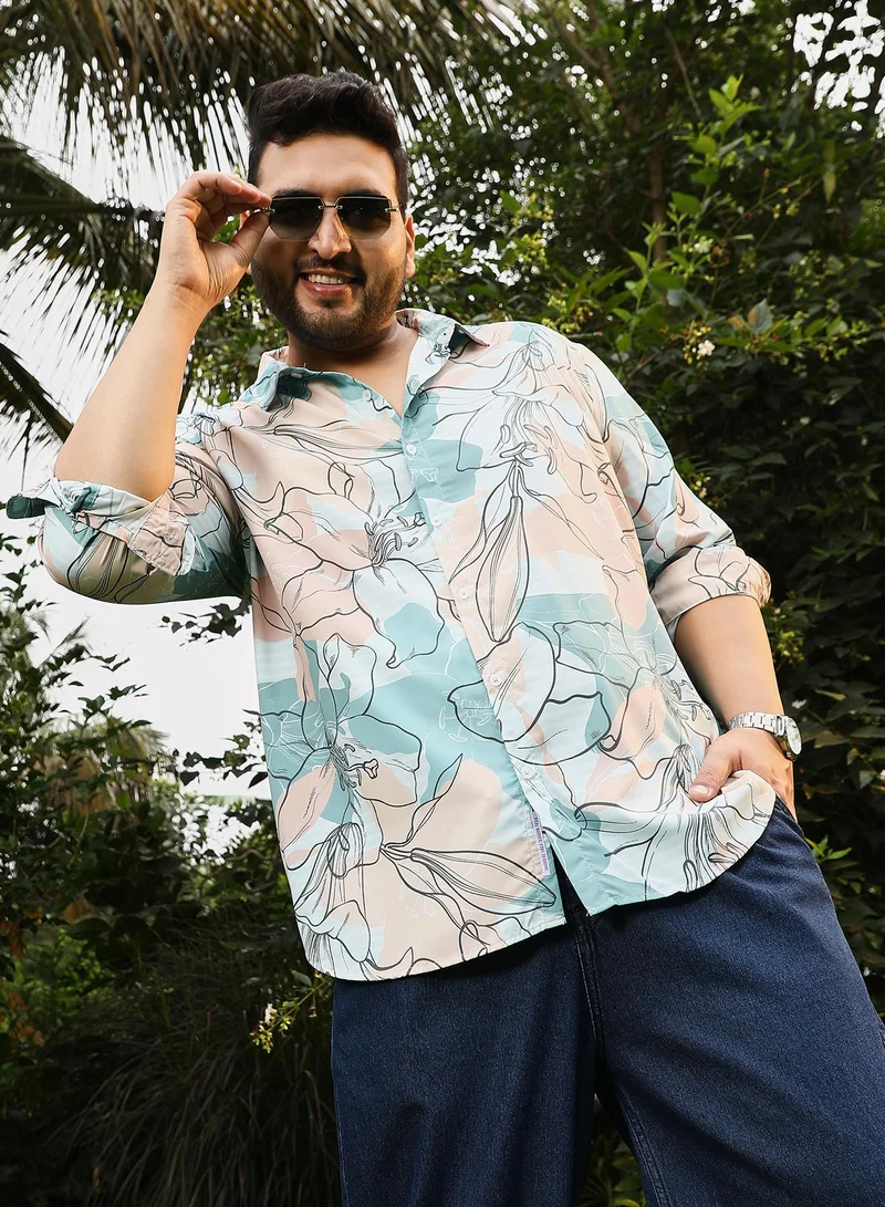 انستافاب بلس Instafab Plus Men's Blue & Peach Botanical-Outline Imprint Shirt | Spread Collar , Long Cuffed Sleeves , Button Closure , Curved Hemline | Floral-Print Plain Polyester For Street & Casual Wear