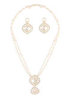 Gold Tone Double Layered Austrian Diamonds Beaded Embellished Necklace And Earring Set For Women Zpfk17075