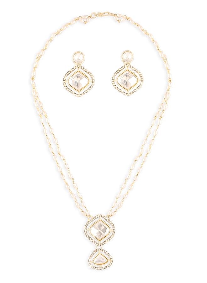 erorex - Gold Tone Double Layered Austrian Diamonds Beaded Embellished Necklace And Earring Set For Women Zpfk17075 - Image 1
