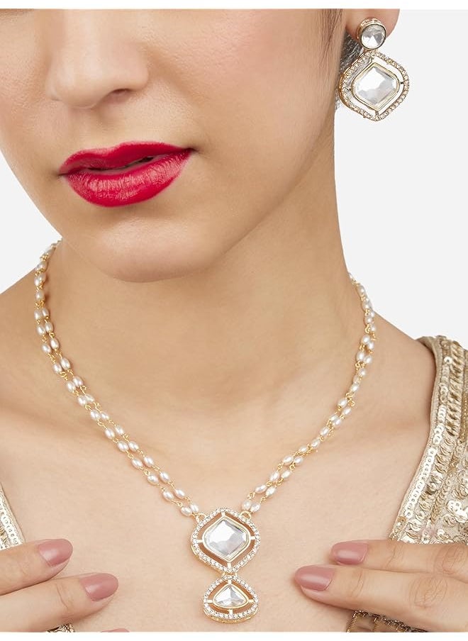 erorex - Gold Tone Double Layered Austrian Diamonds Beaded Embellished Necklace And Earring Set For Women Zpfk17075 - Image 1