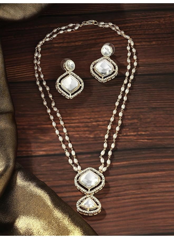erorex - Gold Tone Double Layered Austrian Diamonds Beaded Embellished Necklace And Earring Set For Women Zpfk17075 - Image 1