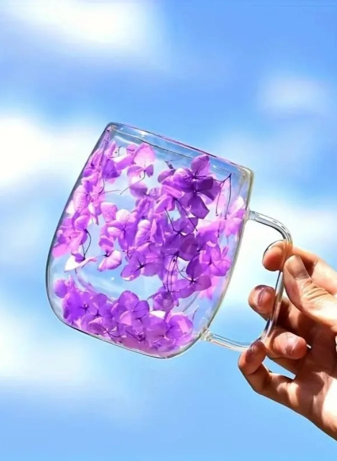 1Chase Borosilicate Double Wall dried Flower design Coffee Cup 250 ML 2 PCS Set Decorated with an Immortal Flower, (Pink & Purple)