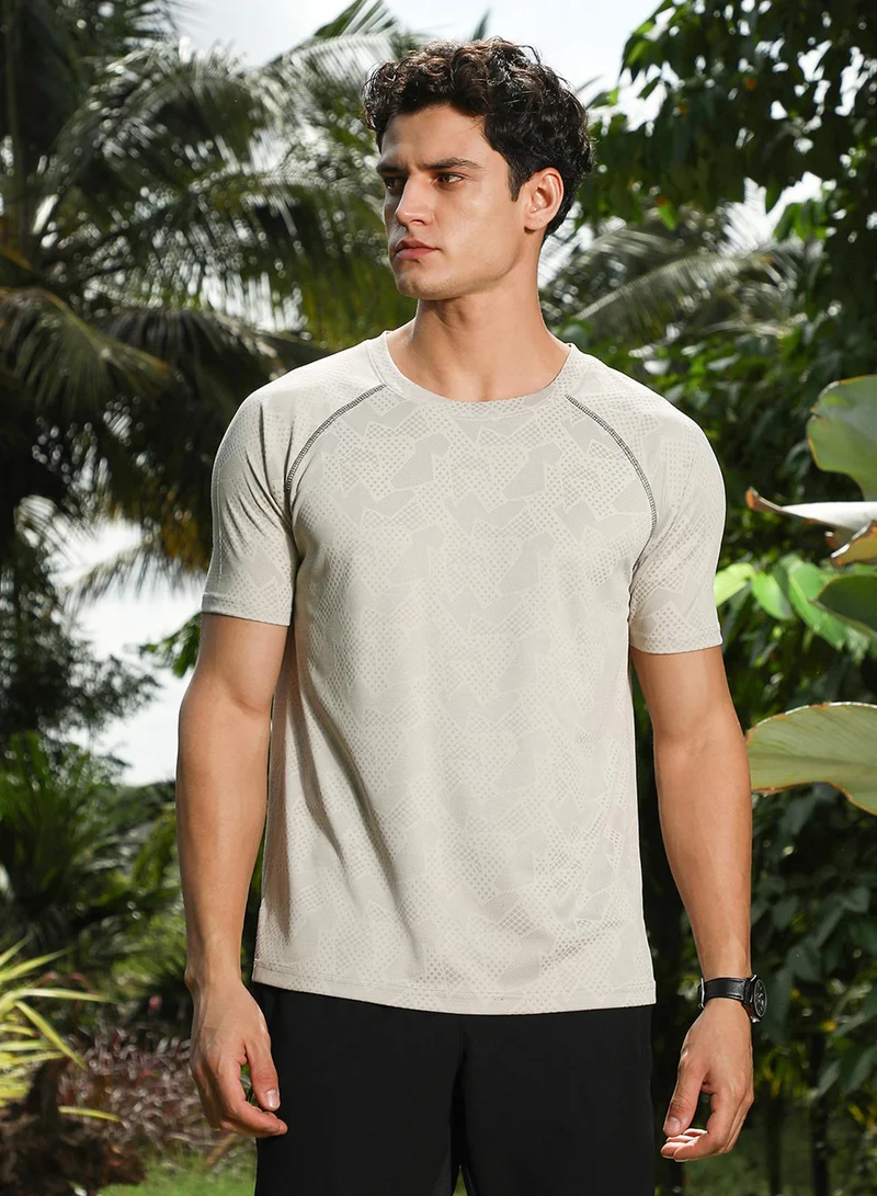 Campus Sutra Campus Sutra Men's Saltbox Beige Abstract-Imprint Activewear T-Shirt For Casual Wear | Round Neck | Short Regular Sleeves | Pull On Closure | Jersey T-Shirt Crafted With Comfort Fit For Everyday Wear