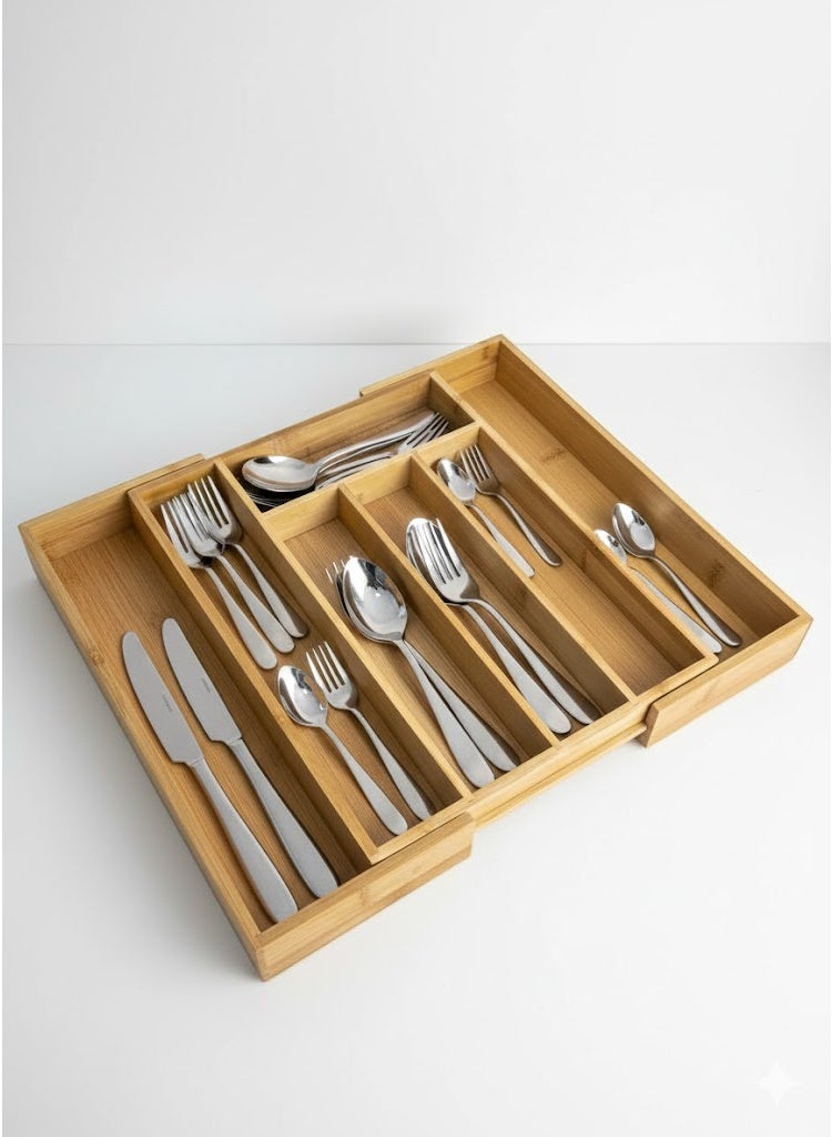 Expandable Bamboo Cutlery Drawer Organizer – 7 Compartments – Large Size – High-Quality Finish – Organizes Spoons, Forks, and Knives - Image 1