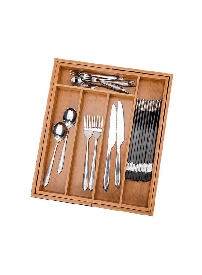 Expandable Bamboo Cutlery Drawer Organizer – 7 Compartments – Large Size – High-Quality Finish – Organizes Spoons, Forks, and Knives - Image 3