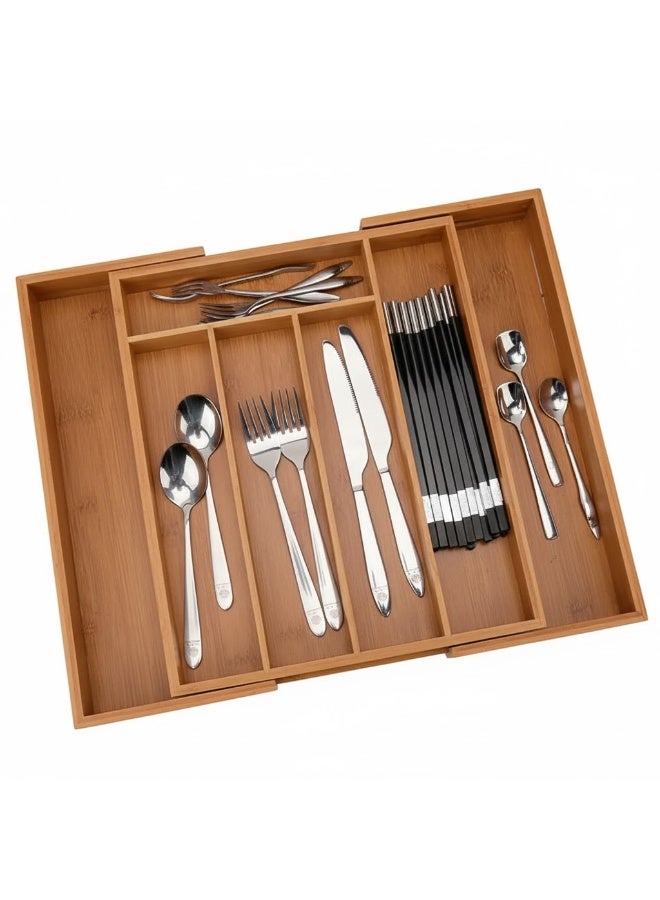 Expandable Bamboo Cutlery Drawer Organizer – 7 Compartments – Large Size – High-Quality Finish – Organizes Spoons, Forks, and Knives - Image 2