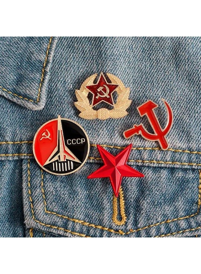 Ximimark 4 PCS Red Star Hammer Sickle Enamel Pin Retro USSR Symbol Brooch Soviet Union Marxism Logo Jewelry, Metal, no gemstone - Image 2