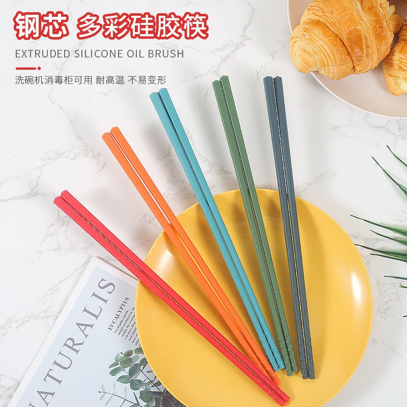 National Fashion Four-Color 24Cm Chinese Steel Core Silicone Chopsticks Fashionable Five Pairs Of Silicone Non-Slip Chopsticks Suit - Image 2