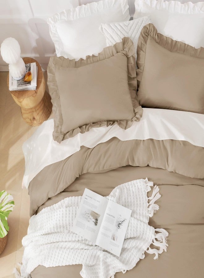 Andency Taupe Queen Comforter Set(90x90Inch), 3 Pieces(1 Ruffle Comforter and 2 Pillowcases) Solid Bedding Comforter Sets for Queen Bed, Lightweight and Fluffy Soft Microfiber Bedding Set - Image 3