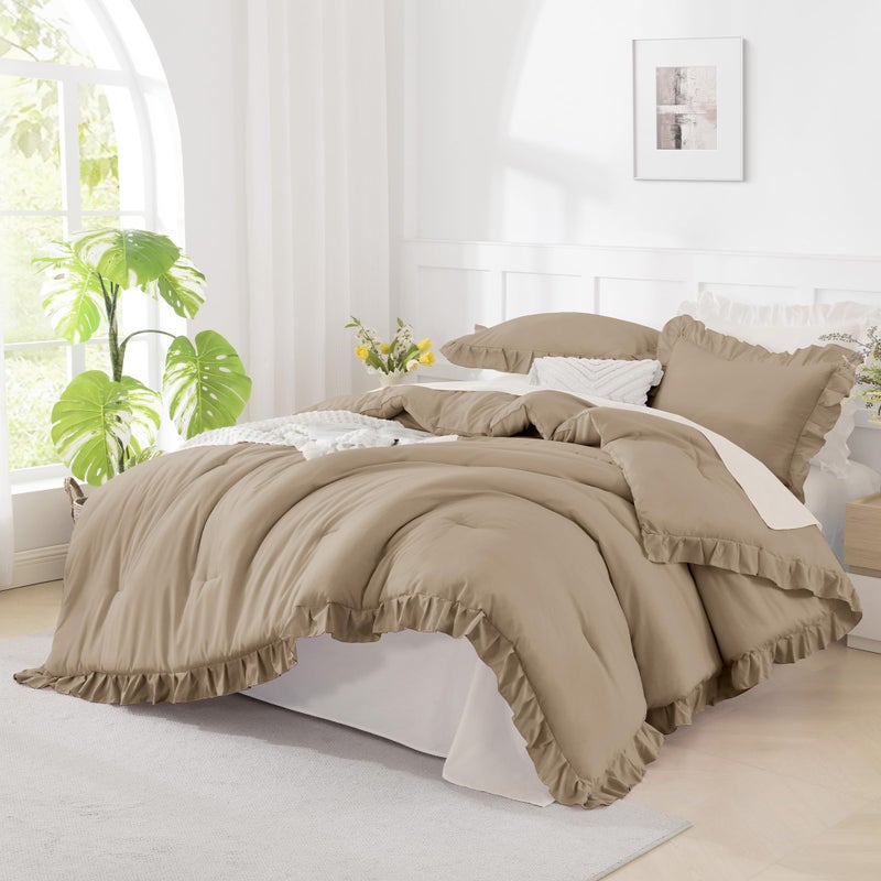 Andency Taupe Queen Comforter Set(90x90Inch), 3 Pieces(1 Ruffle Comforter and 2 Pillowcases) Solid Bedding Comforter Sets for Queen Bed, Lightweight and Fluffy Soft Microfiber Bedding Set - Image 1