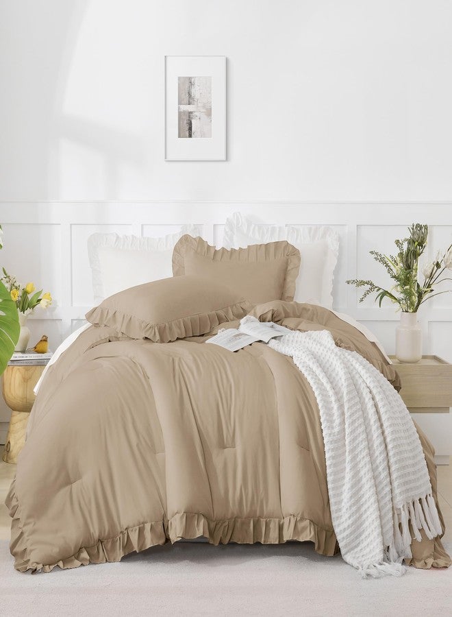 Andency Taupe Queen Comforter Set(90x90Inch), 3 Pieces(1 Ruffle Comforter and 2 Pillowcases) Solid Bedding Comforter Sets for Queen Bed, Lightweight and Fluffy Soft Microfiber Bedding Set - Image 2