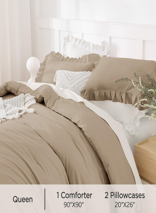 Andency Taupe Queen Comforter Set(90x90Inch), 3 Pieces(1 Ruffle Comforter and 2 Pillowcases) Solid Bedding Comforter Sets for Queen Bed, Lightweight and Fluffy Soft Microfiber Bedding Set - Image 5