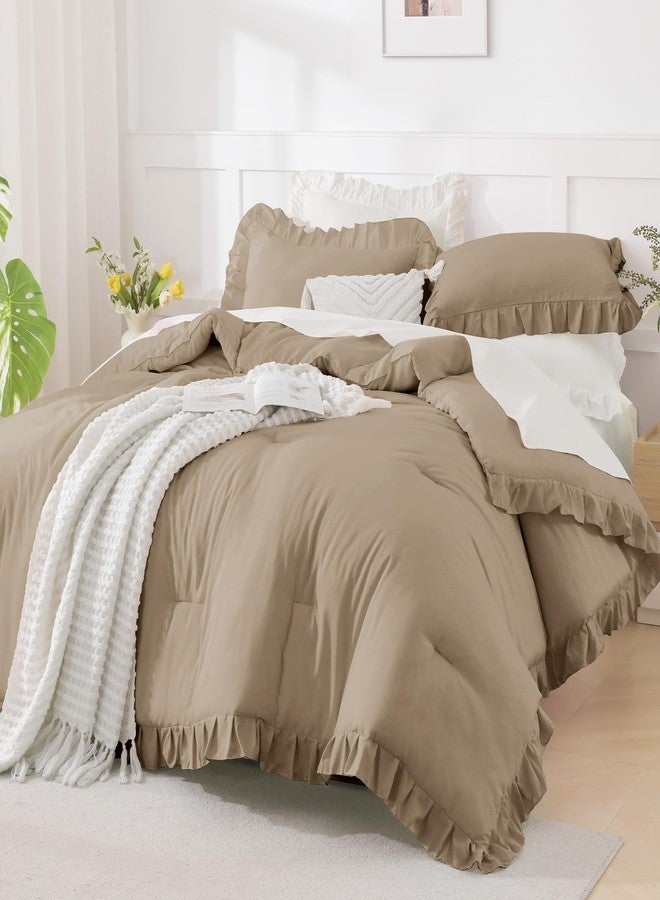 Andency Taupe Queen Comforter Set(90x90Inch), 3 Pieces(1 Ruffle Comforter and 2 Pillowcases) Solid Bedding Comforter Sets for Queen Bed, Lightweight and Fluffy Soft Microfiber Bedding Set - Image 4