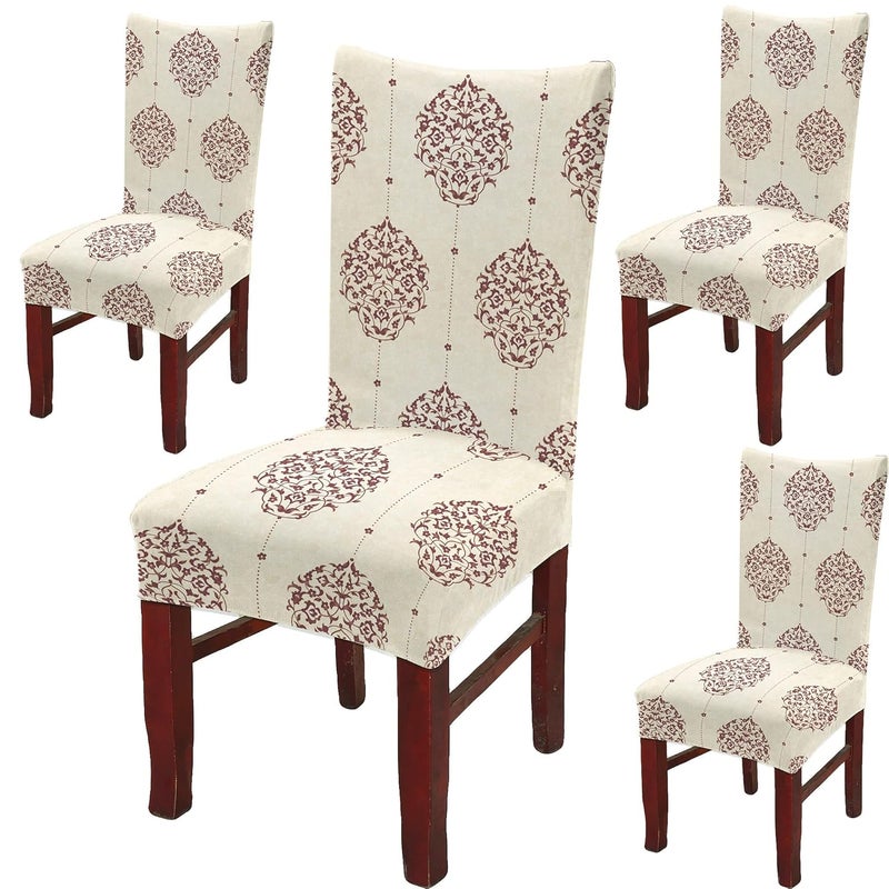 BRIDA Polyester Spandex Stretchable Floral Geometric Printed Dining Chair Covers Elastic Chair Seat Case Protector Slipcovers 4 Chair Cover Damask Beige - Image 1