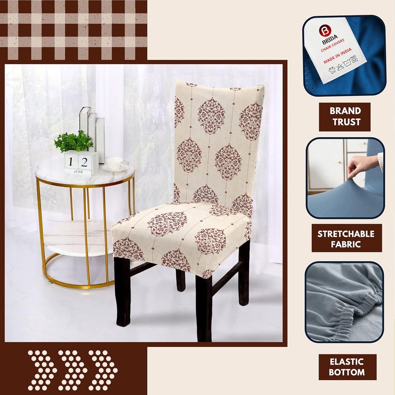 BRIDA Polyester Spandex Stretchable Floral Geometric Printed Dining Chair Covers Elastic Chair Seat Case Protector Slipcovers 4 Chair Cover Damask Beige - Image 2