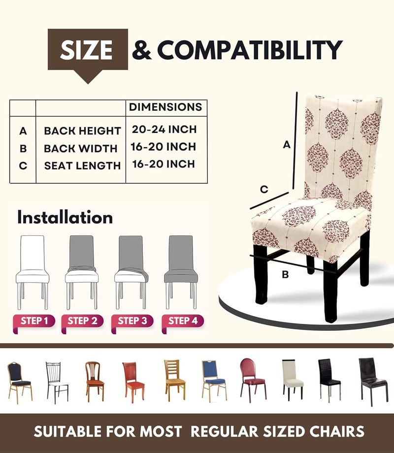 BRIDA Polyester Spandex Stretchable Floral Geometric Printed Dining Chair Covers Elastic Chair Seat Case Protector Slipcovers 4 Chair Cover Damask Beige - Image 4