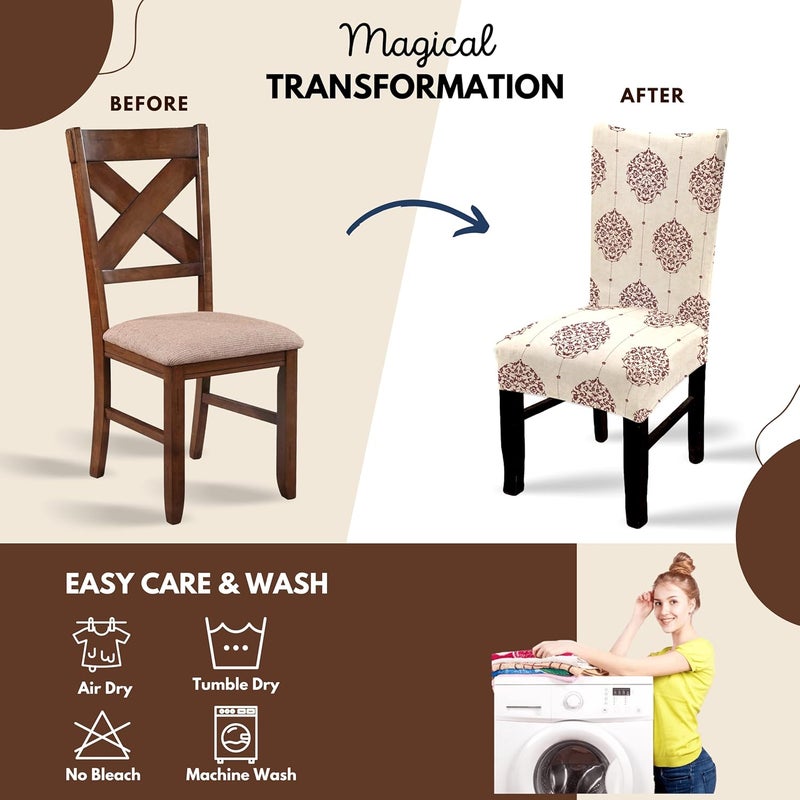 BRIDA Polyester Spandex Stretchable Floral Geometric Printed Dining Chair Covers Elastic Chair Seat Case Protector Slipcovers 4 Chair Cover Damask Beige - Image 5
