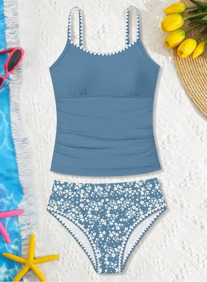 TyeSmo Girls Swimsuit Solid Color Tankini Contrast Trim Swimwear 2 Piece Bathing Suit Padded Swimsuits for Teens 9-16Y, Blue+floral, 13-14 Years - Image 5