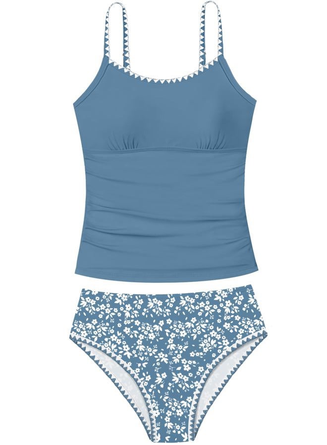 TyeSmo Girls Swimsuit Solid Color Tankini Contrast Trim Swimwear 2 Piece Bathing Suit Padded Swimsuits for Teens 9-16Y, Blue+floral, 13-14 Years - Image 1