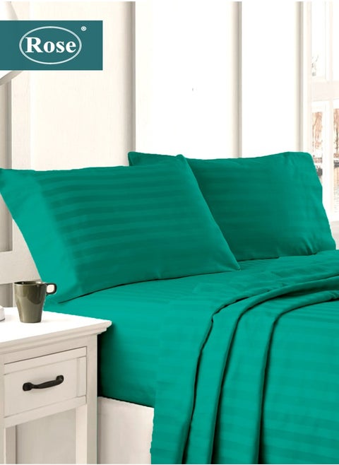 Rose Luxurious Hotel Stripe Flat Sheet & Fitted Sheet with Deep Pockets and Pillow Cases, Bed Sheet 4-Pieces Set, Soft Microfiber Breathable and Cooling, King Size, Teal