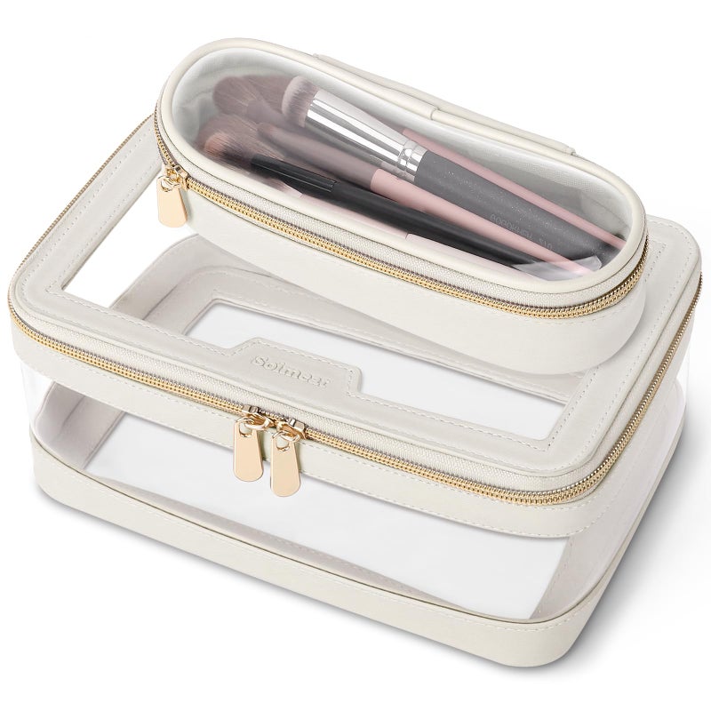 Soimeat Travel Clear Makeup Bag with Makeup Brush Bag, Leather Makeup Case Toiletry Bag, Portable Cosmetic Bag Case, Transparent Waterproof Cosmetic Organizer Storage Bag for Women, Off-White - Image 1