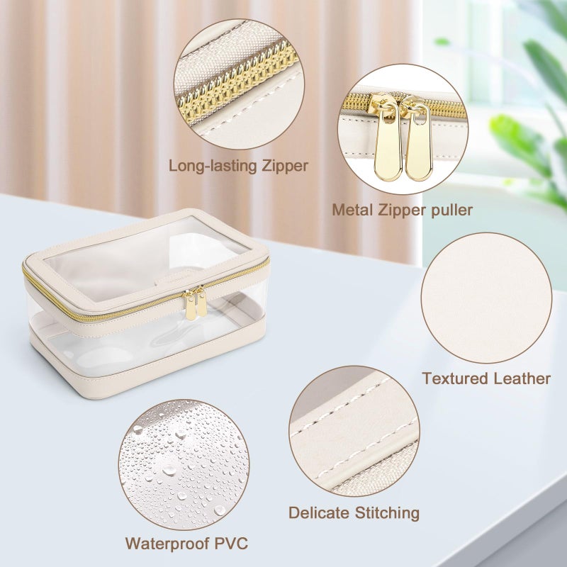 Soimeat Travel Clear Makeup Bag with Makeup Brush Bag, Leather Makeup Case Toiletry Bag, Portable Cosmetic Bag Case, Transparent Waterproof Cosmetic Organizer Storage Bag for Women, Off-White - Image 5