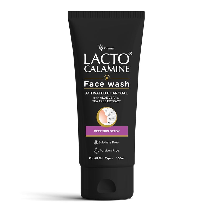 Lacto Calamine Activated Charcoal Face Wash with Aloe Vera & Tea Tree Extract for Deep Skin Detox. Removes impurities and fights blackheads & whiteheads. No Parabens, No Sulphates - 100 ml Pack of 1 - Image 1