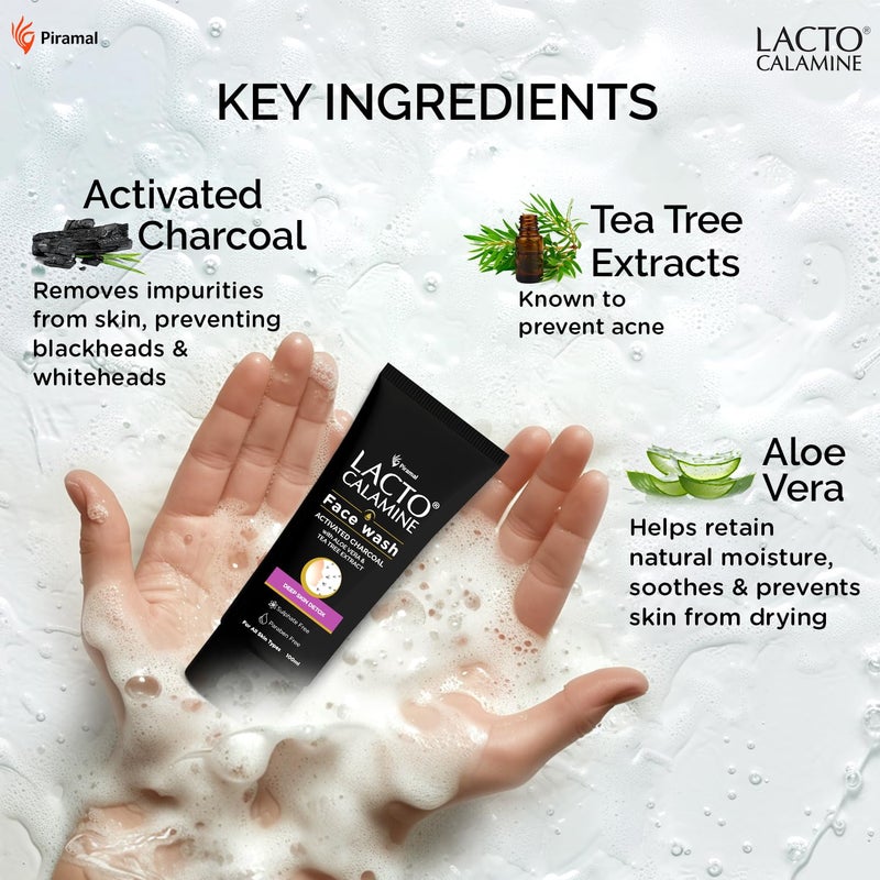 Lacto Calamine Activated Charcoal Face Wash with Aloe Vera & Tea Tree Extract for Deep Skin Detox. Removes impurities and fights blackheads & whiteheads. No Parabens, No Sulphates - 100 ml Pack of 1 - Image 3
