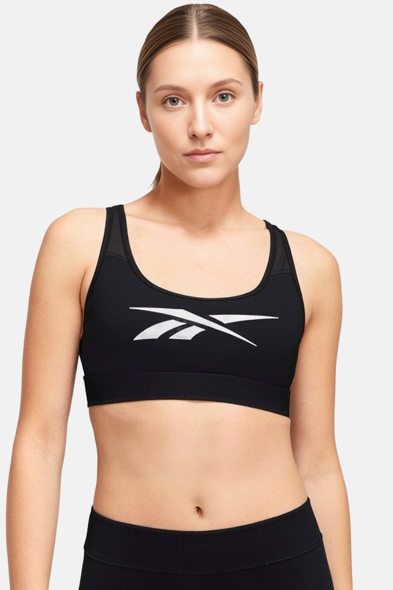 Reebok سوتيان رياضي مبطن للنساء بحجم زائد مع شعار العلامة التجارية، أسود - Image 1