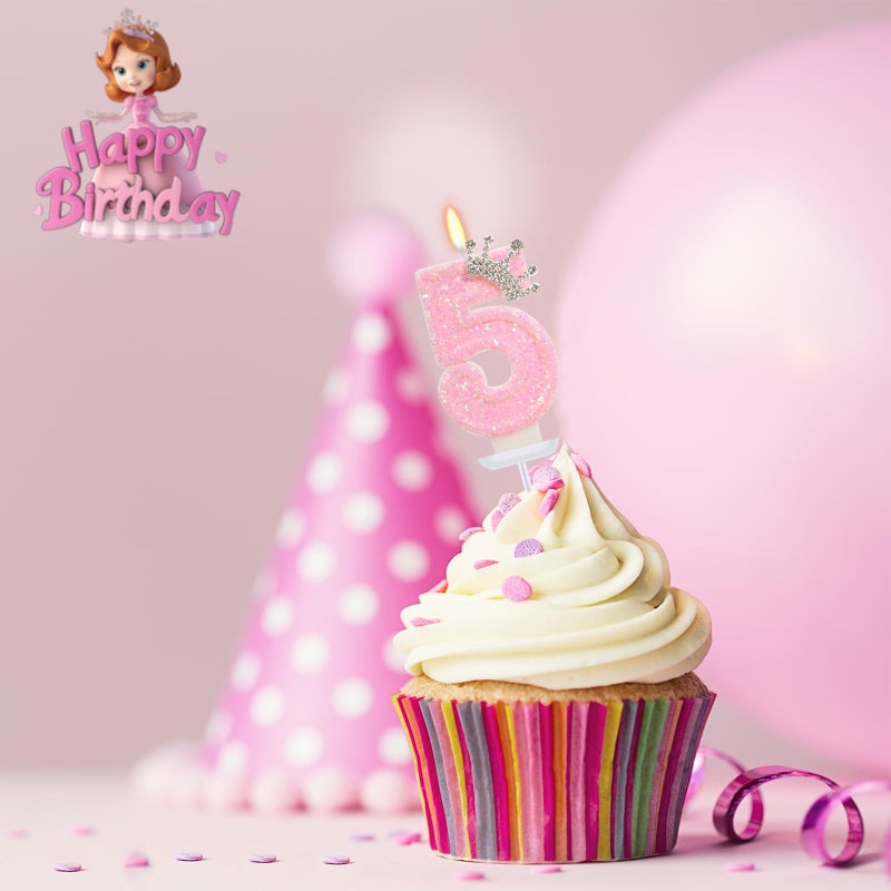 ElekFX Pink Crown Birthday Candle for Cake, Pincess Birthday Party Decorations, 2.76 Inch Cake Topper for Girls Party Supplies (Number 5) - Image 4