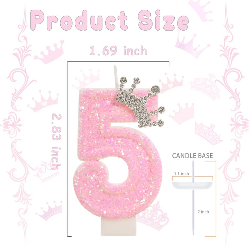ElekFX Pink Crown Birthday Candle for Cake, Pincess Birthday Party Decorations, 2.76 Inch Cake Topper for Girls Party Supplies (Number 5) - Image 2
