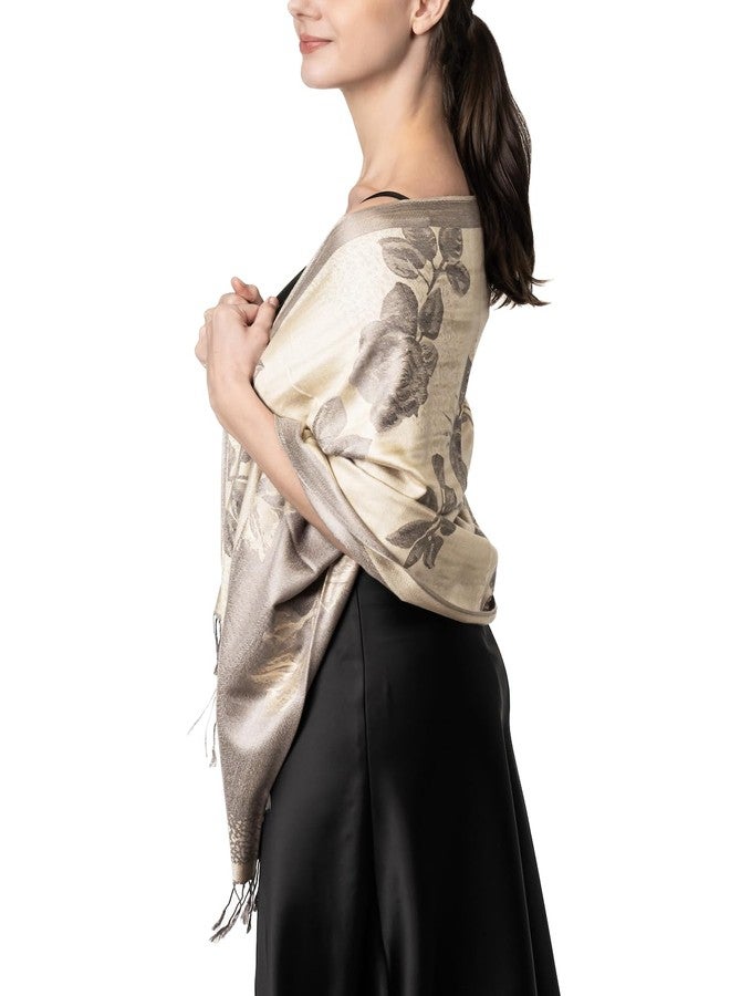 Achillea Two Tone Floral Roses Reversible Pashmina Scarf Shawl Wrap Stole 78" x 27" (Beige/Grey) - Image 2