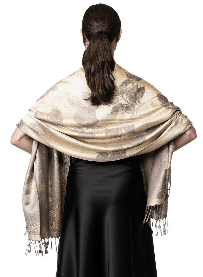 Achillea Two Tone Floral Roses Reversible Pashmina Scarf Shawl Wrap Stole 78" x 27" (Beige/Grey) - Image 4