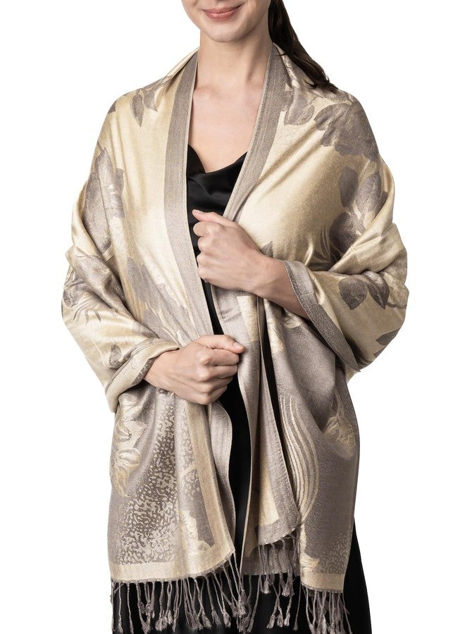 Achillea Two Tone Floral Roses Reversible Pashmina Scarf Shawl Wrap Stole 78" x 27" (Beige/Grey) - Image 1